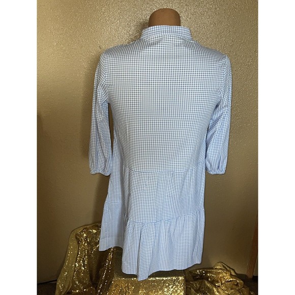Womens Blue White Gingham 3/4 Puff Sleeve Button Up Dorothy Babydoll Dress M - Picture 2 of 10